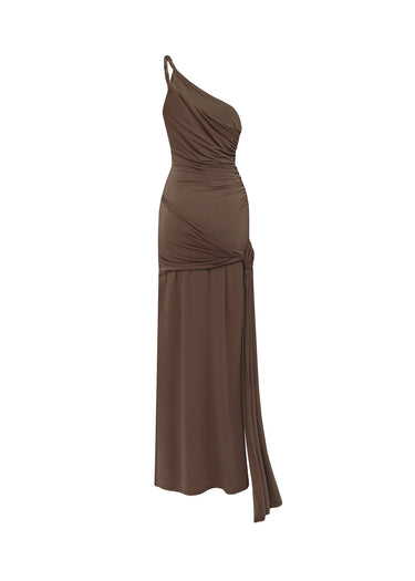 Vestido Largo Asimétrico con Abertura y Fruncido