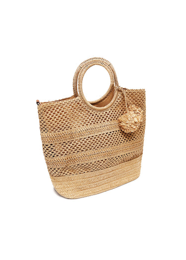 Bolso de rafia con pompones