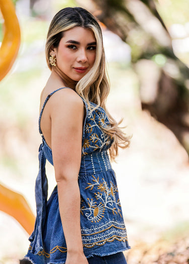 Top Corset de Denim Bordado con Lazo en la Espalda