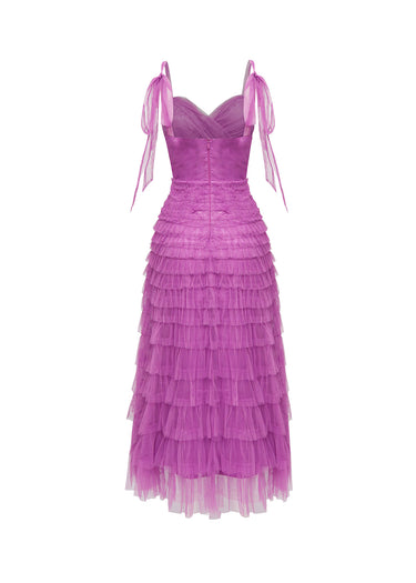 Vestido de tul con volantes y lazos en hombros