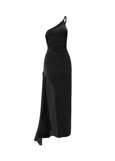 Vestido Largo Asimétrico con Abertura y Fruncido