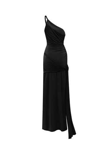 Vestido Largo Asimétrico con Abertura y Fruncido